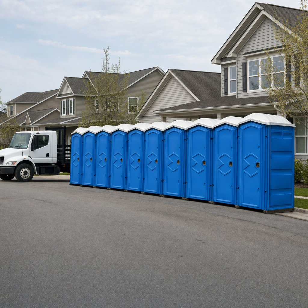 Royal blue portable toilets staged in a tidy row at a Rochester jobsite, ready for delivery